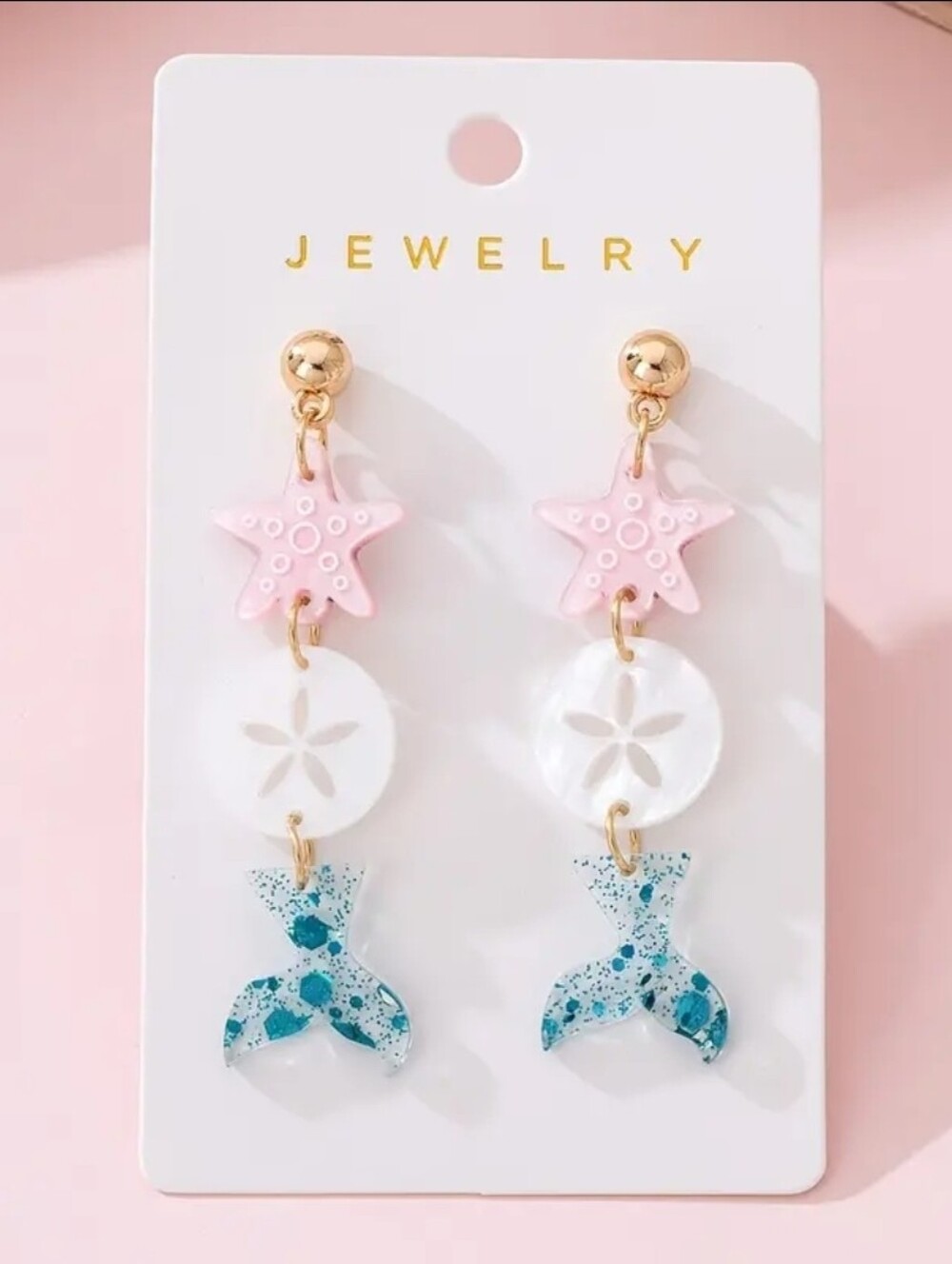A Real Fisb Tale .. Gold Pink Starfish and Blue Mermaid Tail Earrings - Picture 2 of 3